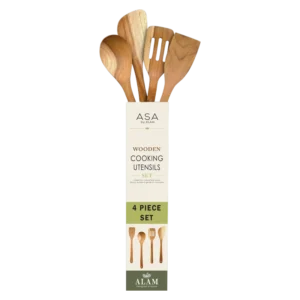 ASA four piece teak cooking utensil set in its sleeve